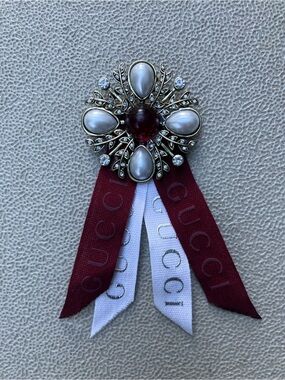 Upcycled red and pearl brooch made